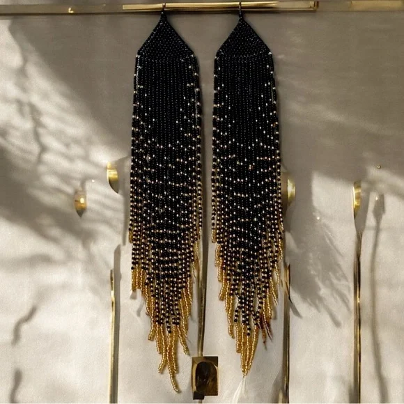 Dramatic Black and Gold Hand Beaded Cascade Earrings - Picture 13 of 16